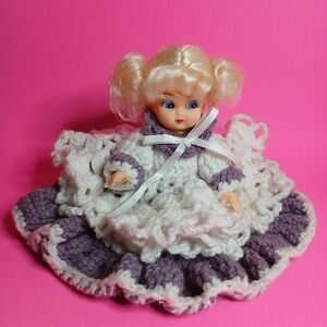Vintage 70s or 80s hand made Crochet shelf sitting doll
